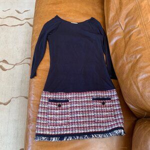 Bailey/44 Dress Mixed Media Tweed Navy and Plaid Size X-Small